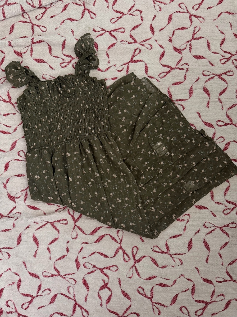 Smocked Olive Floral Camisole with Tie Straps